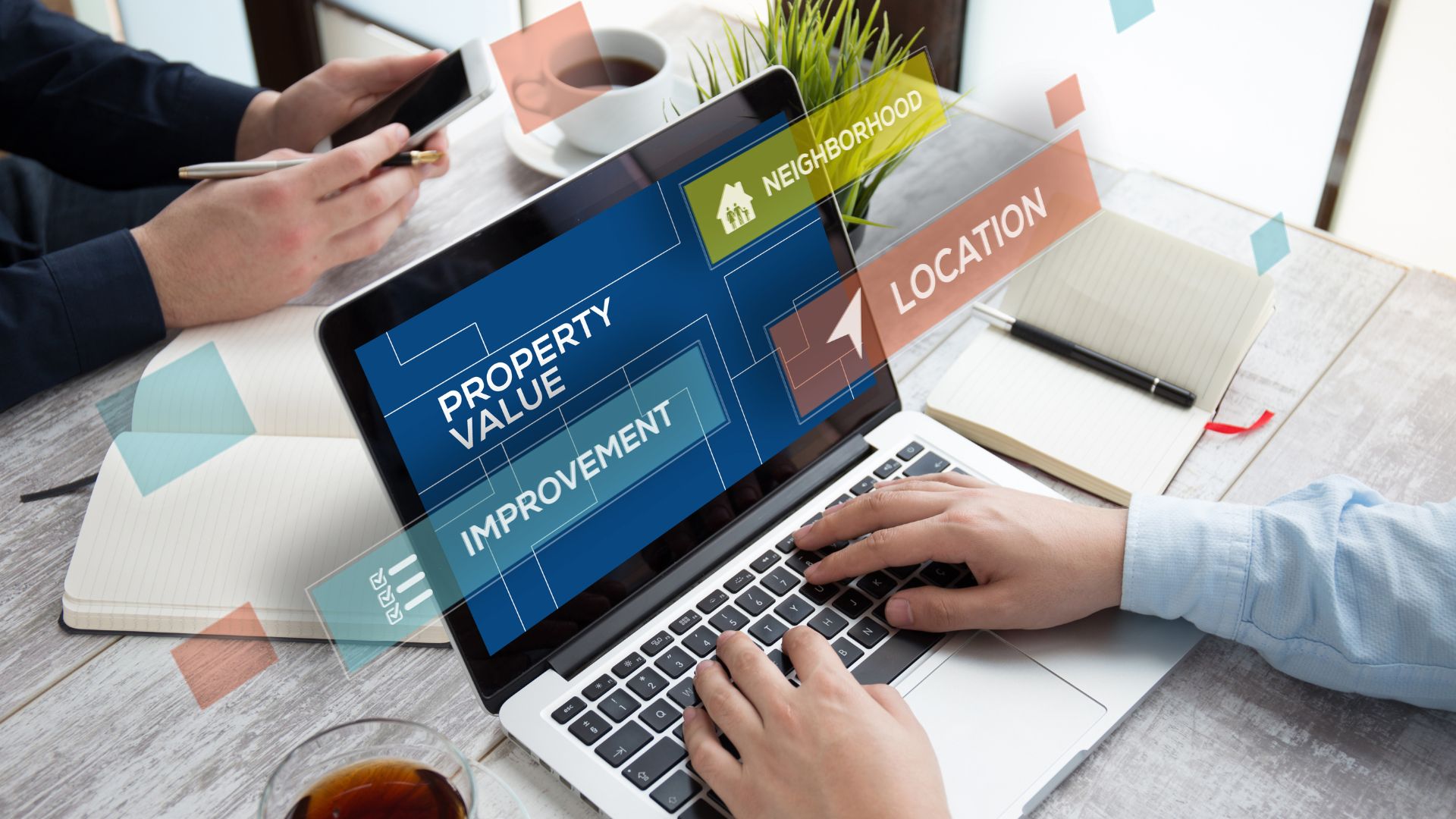 Person working on a laptop with concepts like 'Property value,' 'Location,' and 'Improvement' displayed on the screen, representing real estate investment strategies.
