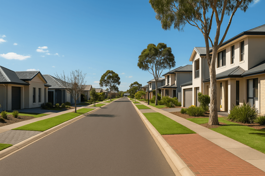A quiet Adelaide suburban street featuring detached single-storey homes and leafy gardens, illustrating the potential setting for co-located housing South Australia.