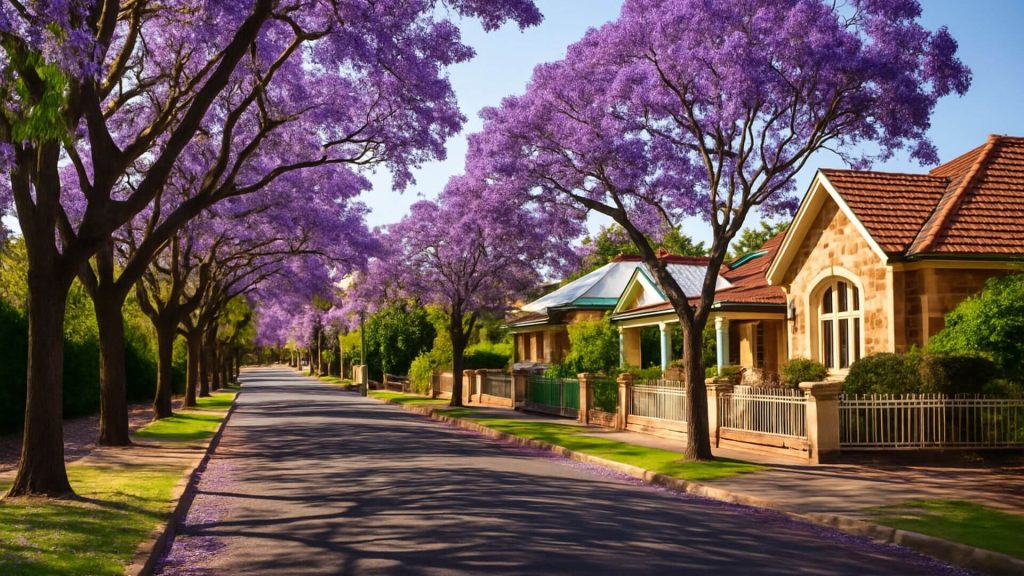 A high-resolution photograph of a suburban Adelaide street featuring iconic purple-flowering jacaranda trees, representing the real state of the housing crisis
in South Australia.