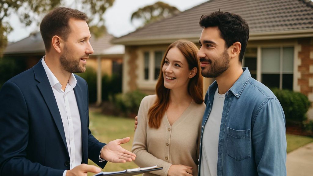 A financial advisor discusses property investment risks with a client, with a suburban home visible in the background to reflect the Australian real estate market.