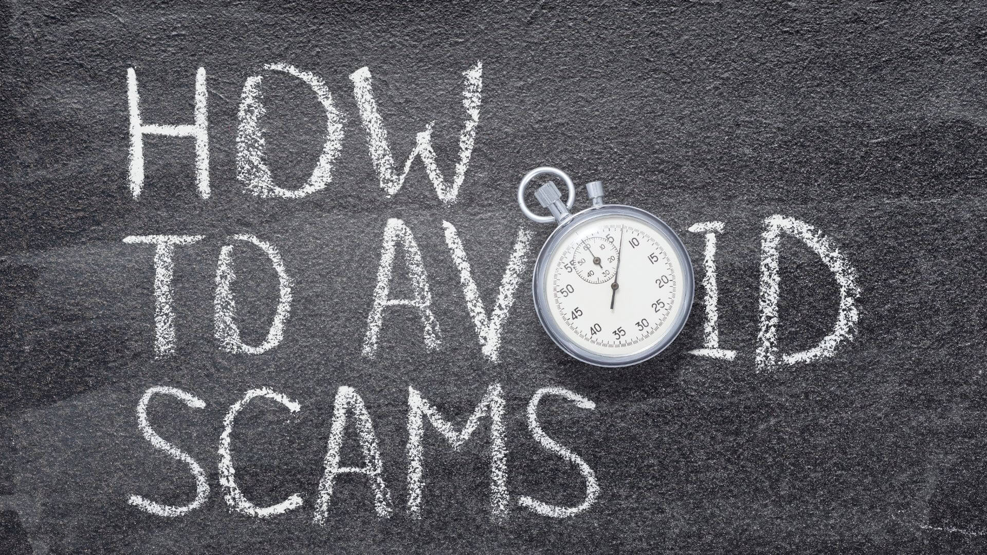 Chalkboard background with the words “How to Avoid a Rental Scam” written in white chalk and a stopwatch overlay, representing awareness and urgency in preventing rental scams.