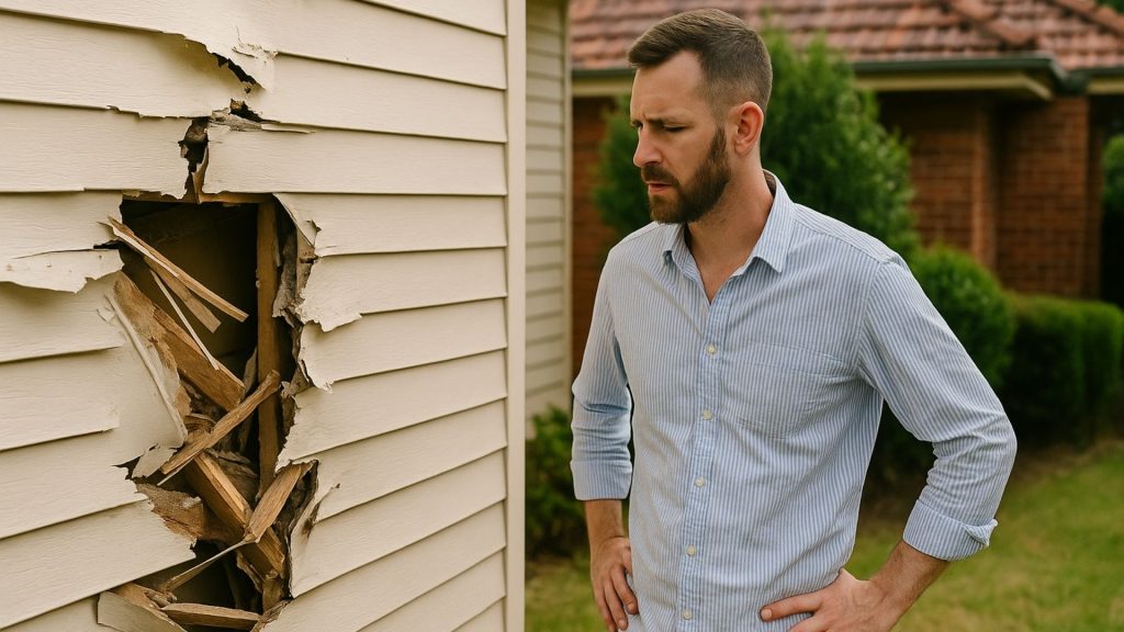 A worried landlord standing beside a damaged house, symbolising the importance of landlord insurance in protecting against unexpected property issues.