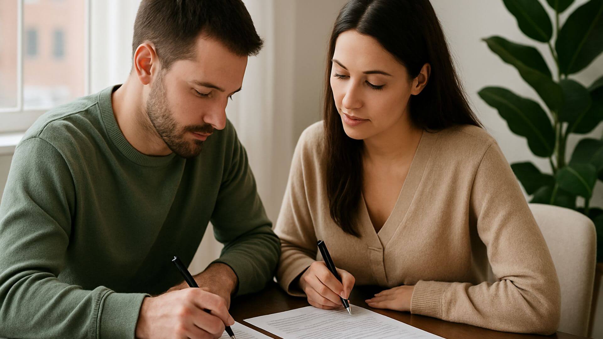A young couple sits at a table completing a rental application together, with paperwork and pens in hand. The modern, bright setting reflects the realistic process of preparing a rental application.