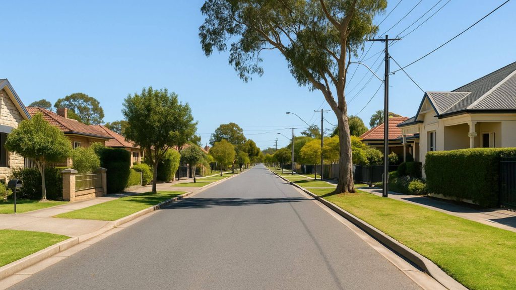 A suburban South Australian street with neatly maintained houses, green lawns, and large trees, representing the property market context for understanding cooling off periods.