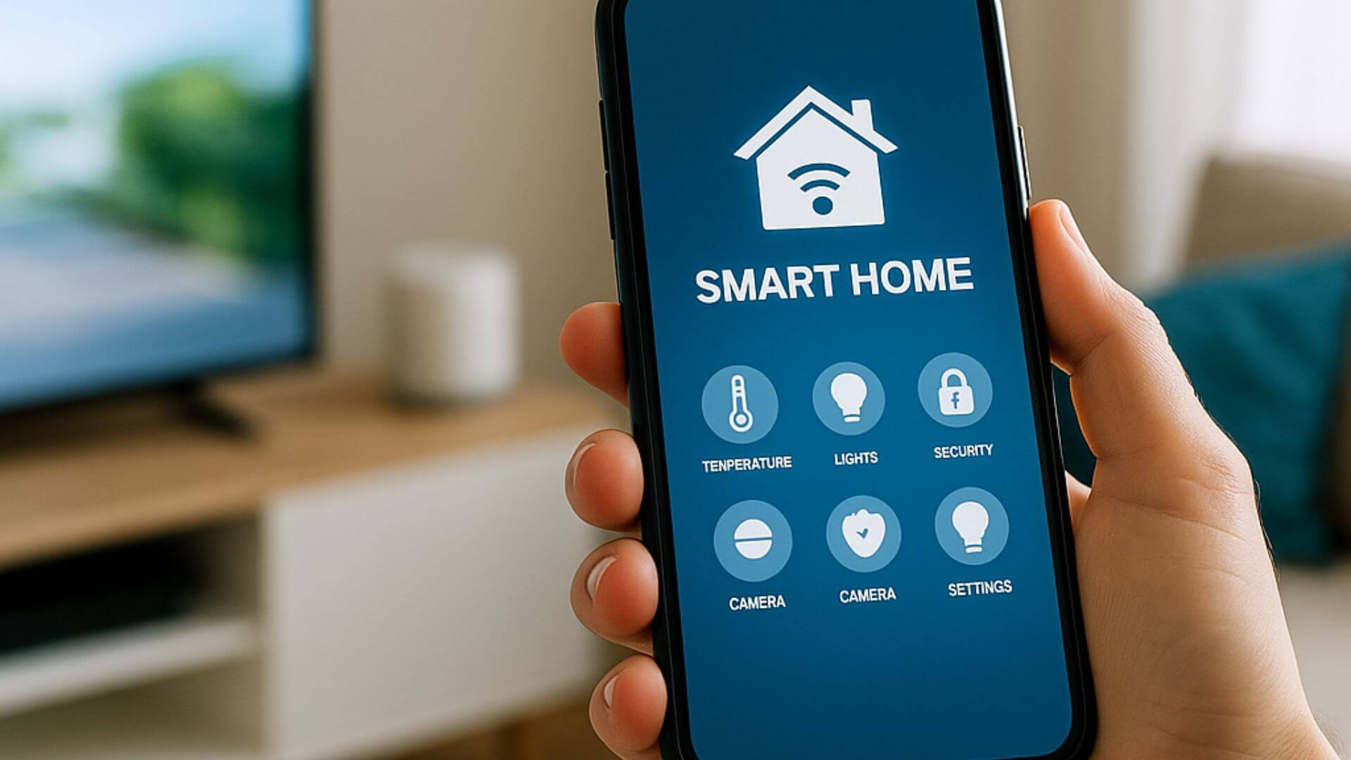 A person uses a smartphone to control smart home technology inside a modern Australian living room with bright natural light and connected devices visible.
