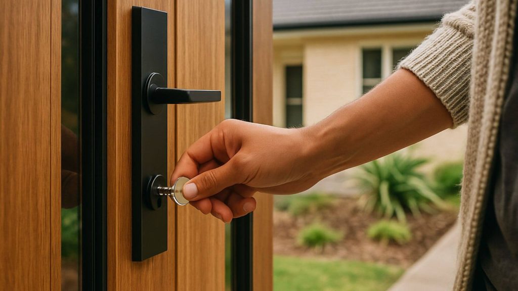 A person’s hand turning a key in the front door of a modern home, symbolising a property going under contract and the next stage of the sale process beginning.