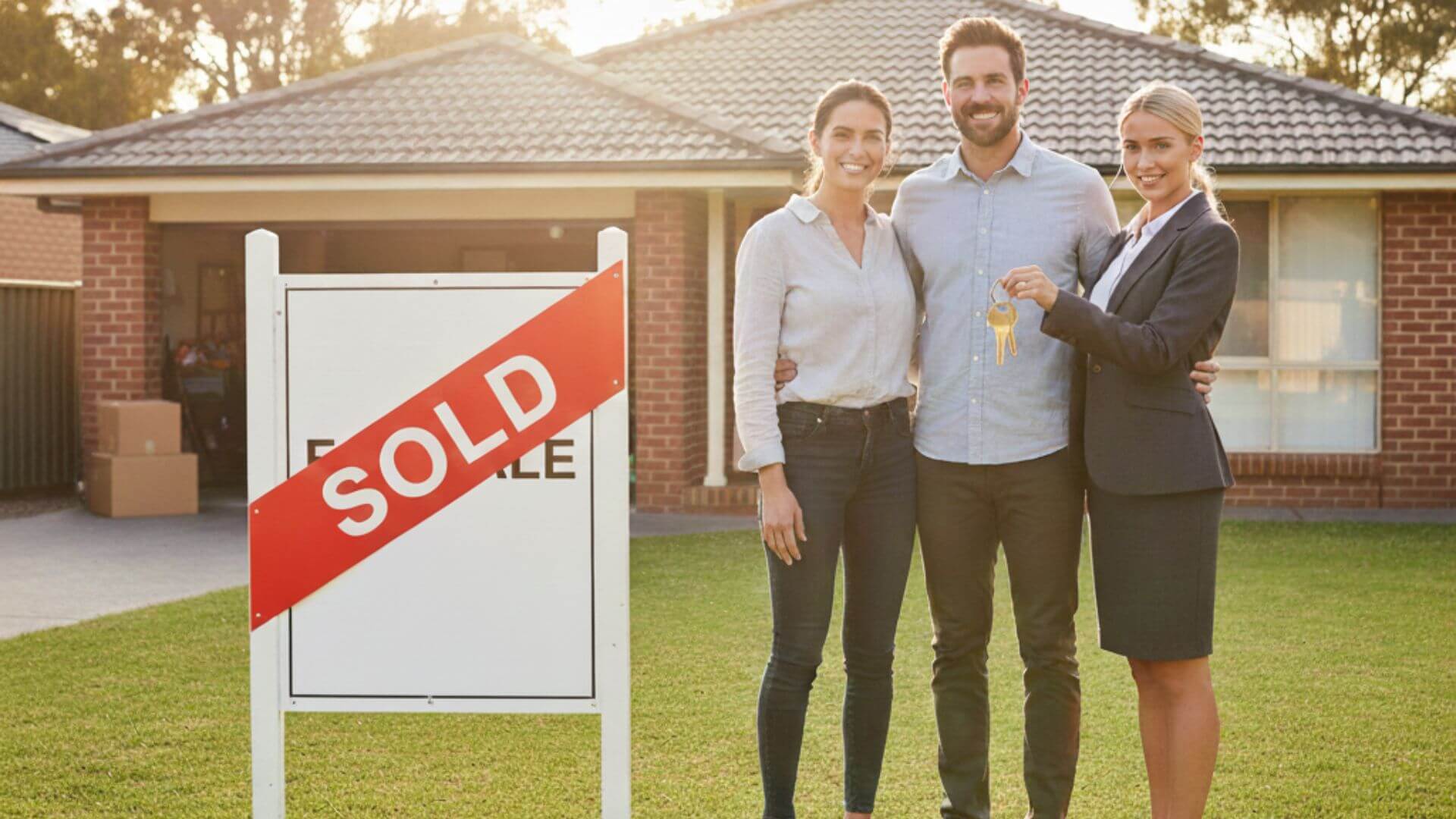 A buyers agent handing house keys to a couple standing in front of a recently sold home, with a sold sign displayed on the lawn.