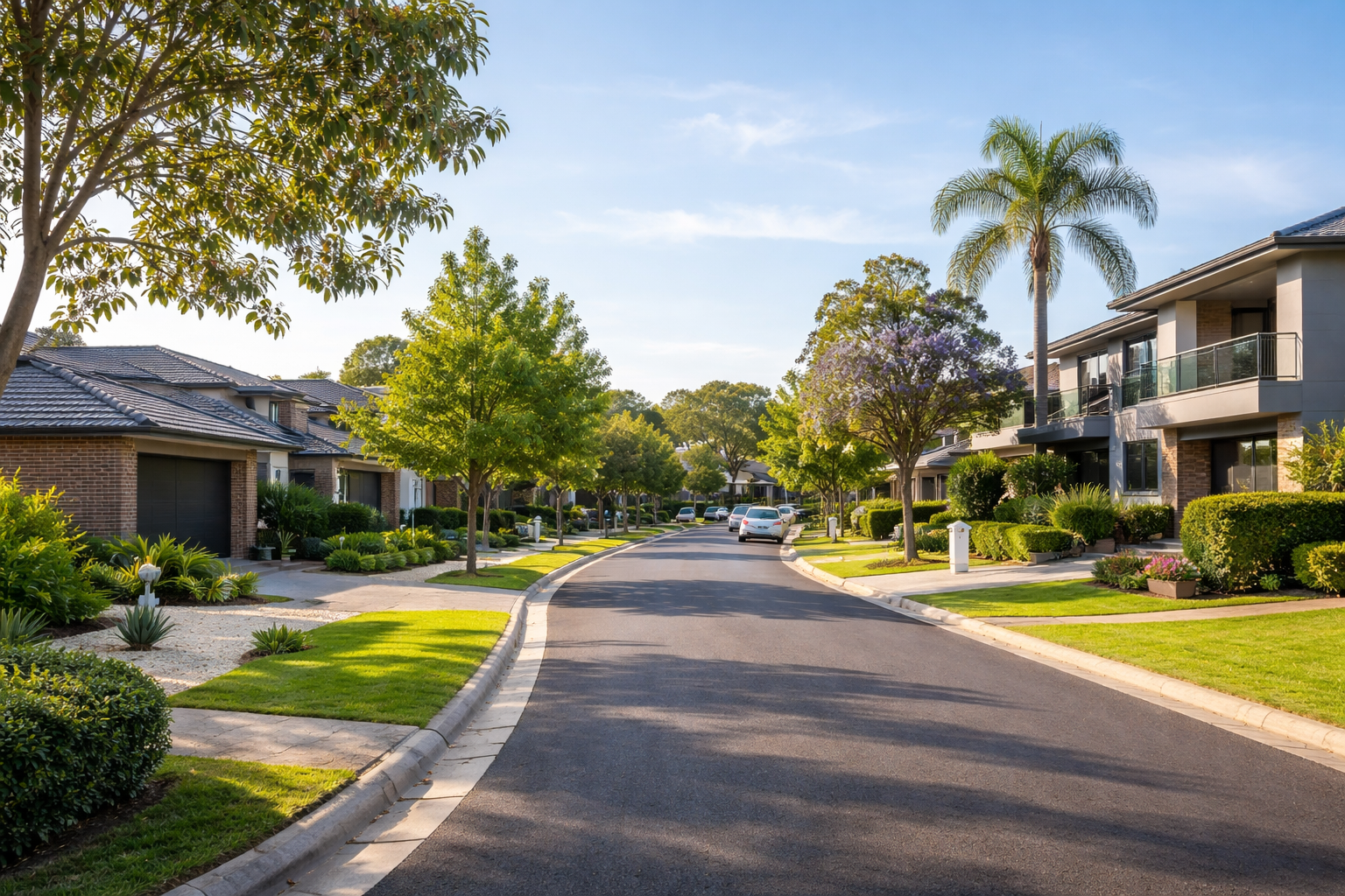 Sustainable property portfolio concept shown through a typical Australian suburban street with modern homes, established trees, and well-maintained gardens under a clear sky.