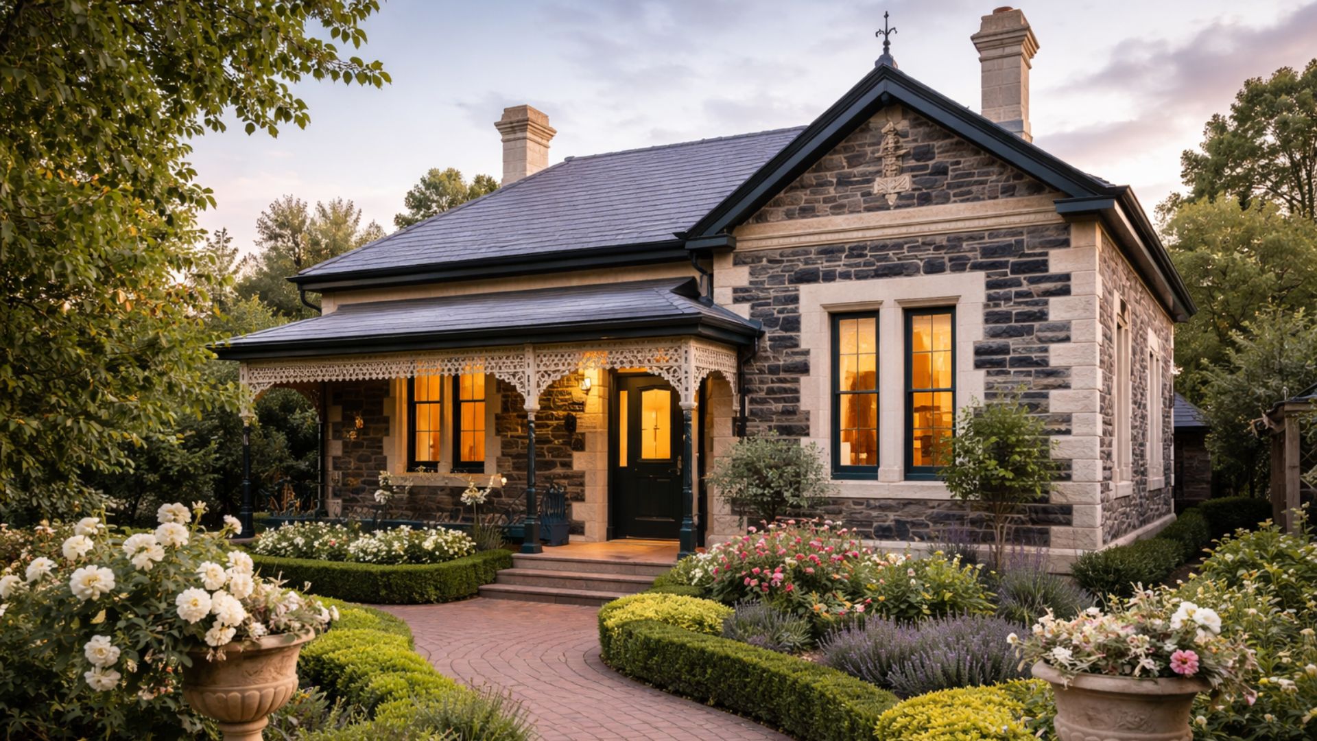 Heritage home renovation. A beautifully renovated bluestone heritage home in Adelaide, featuring traditional architectural details, a manicured front garden, and classic South Australian character.