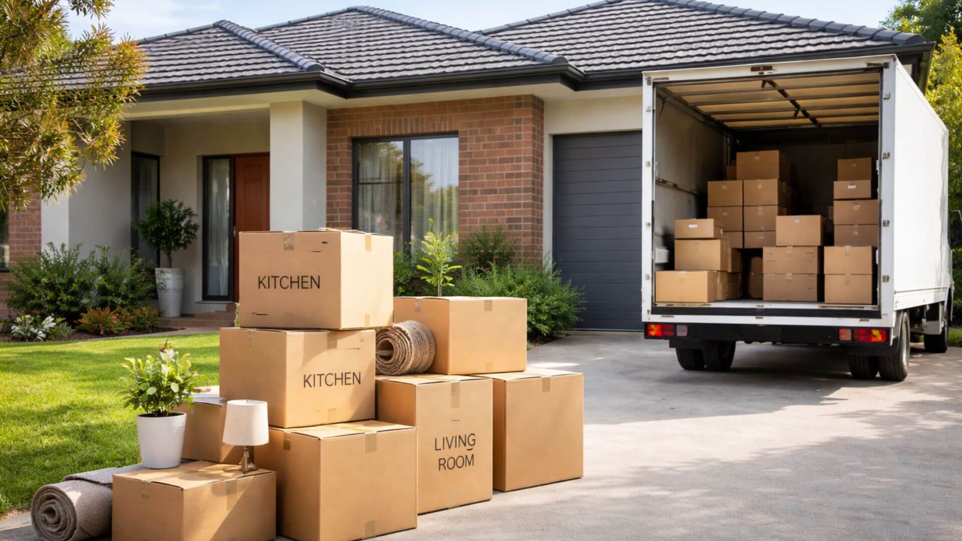 Moving day outside a typical Australian suburban home, with a moving truck parked in the driveway and cardboard boxes stacked nearby, capturing the transition between homes.