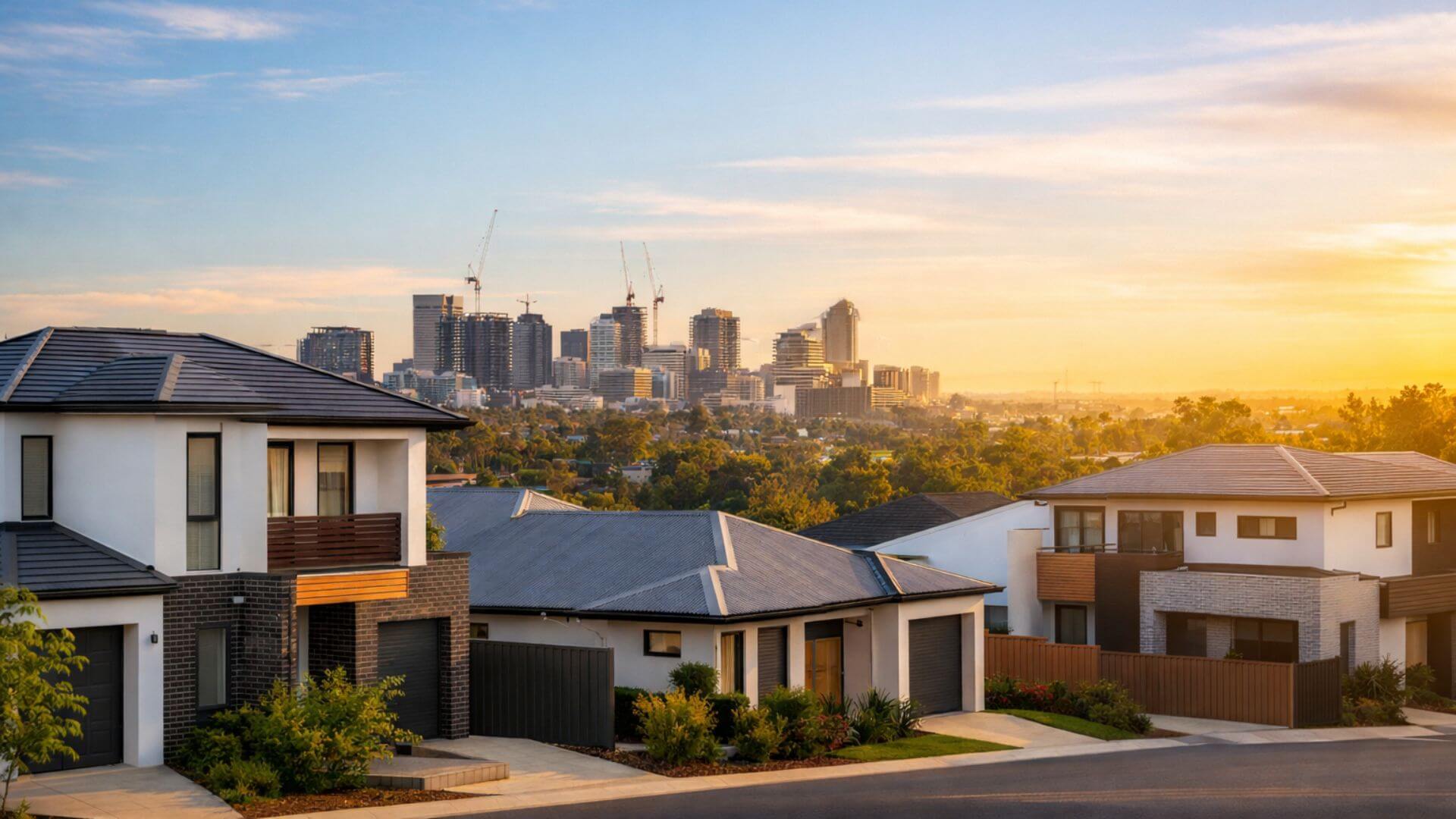 A digital photo showing a modern Australian suburb at sunset, with sleek family homes in the foreground and a city skyline in the distance under a glowing sky, representing evolving neighbourhoods and property trends in 2026.