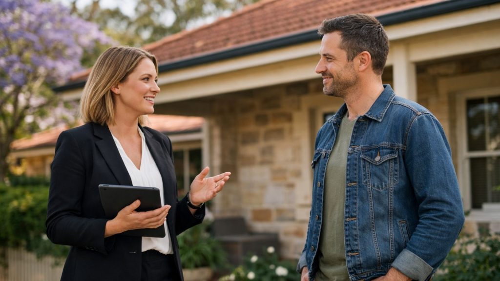 Female property manager discussing tenant complaints with a tenant outside a typical Adelaide suburban home.