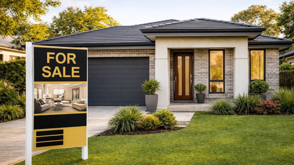Adelaide suburban home for sale with no price listed on the black and gold real estate sign in the front yard.