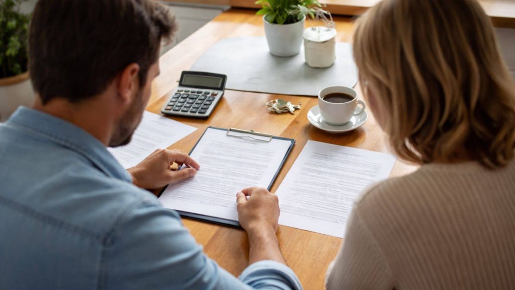 Investor reviewing documents at a kitchen table while assessing contracts and paperwork, illustrating common property investment legal mistakes new investors should avoid.