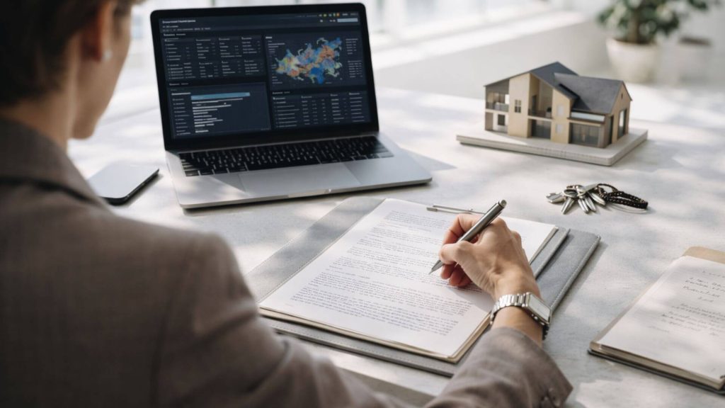 Professional over-the-shoulder photograph of a person reviewing property sale paperwork and analysing data on a laptop while researching real estate agent fees.