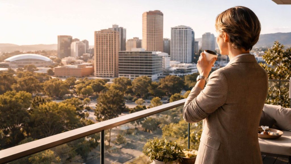 Person standing on a balcony overlooking Adelaide CBD while reflecting on modern property development trends shaping the city skyline.