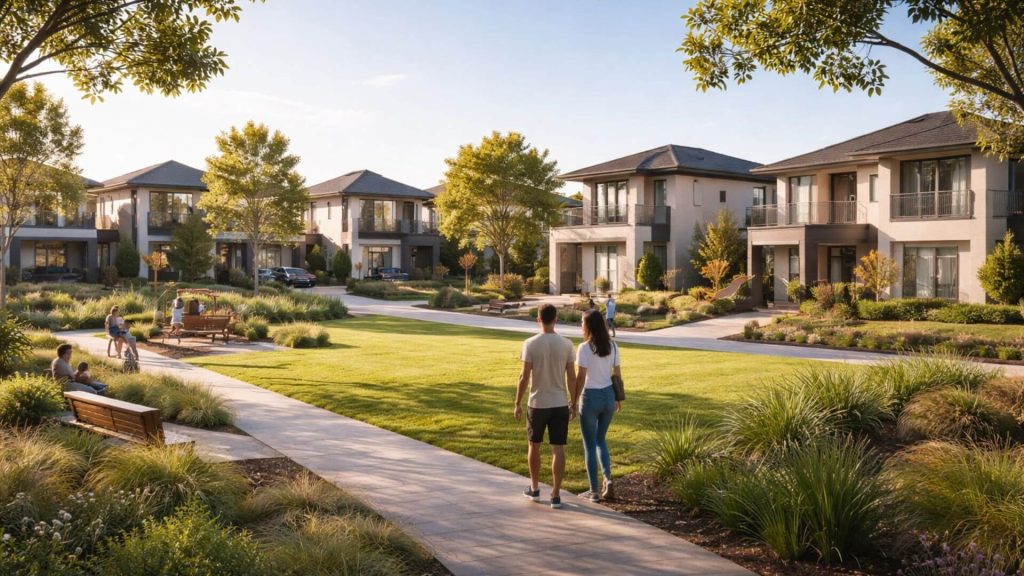 Modern residential community with park, walking paths, and contemporary homes reflecting current property development trends in South Australia.