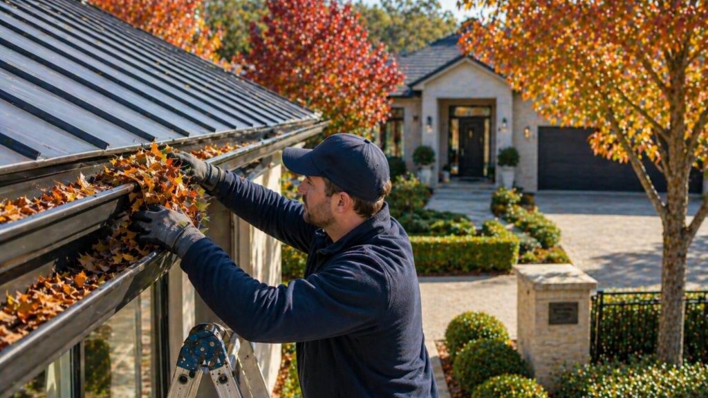 Man standing on a ladder cleaning gutters as part of winter property maintenance at a modern high-end suburban home surrounded by autumn trees
