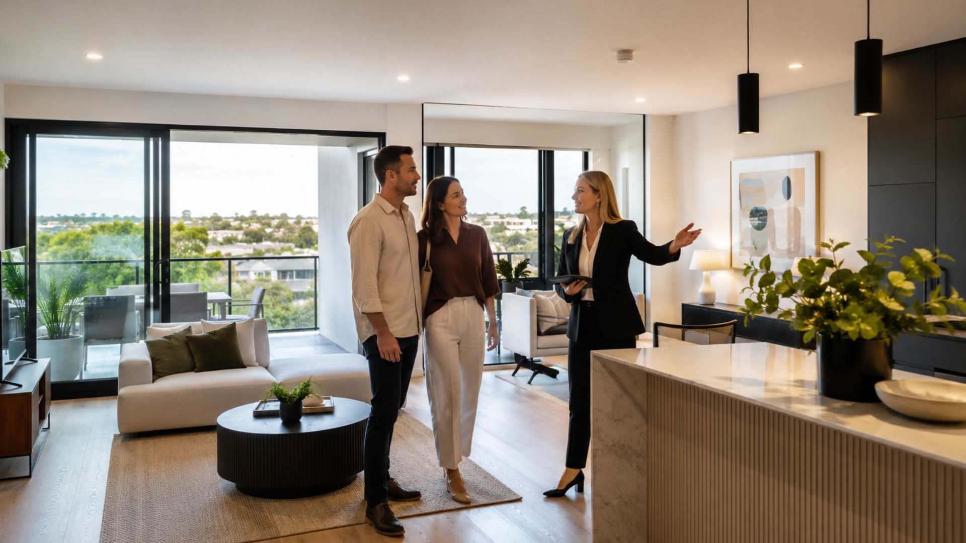 Real estate agent showing a couple through a modern luxury apartment during investment property sales in South Australia, featuring contemporary finishes and open-plan living