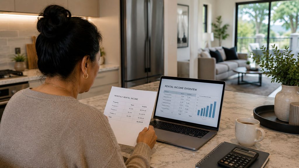 Woman reviewing rental income documents and property expenses at a modern kitchen bench in a high-end home while planning ways to improve rental yield