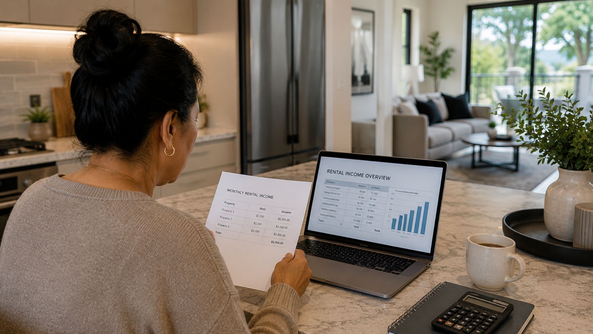 Woman reviewing rental income documents and property expenses at a modern kitchen bench in a high-end home while planning ways to improve rental yield