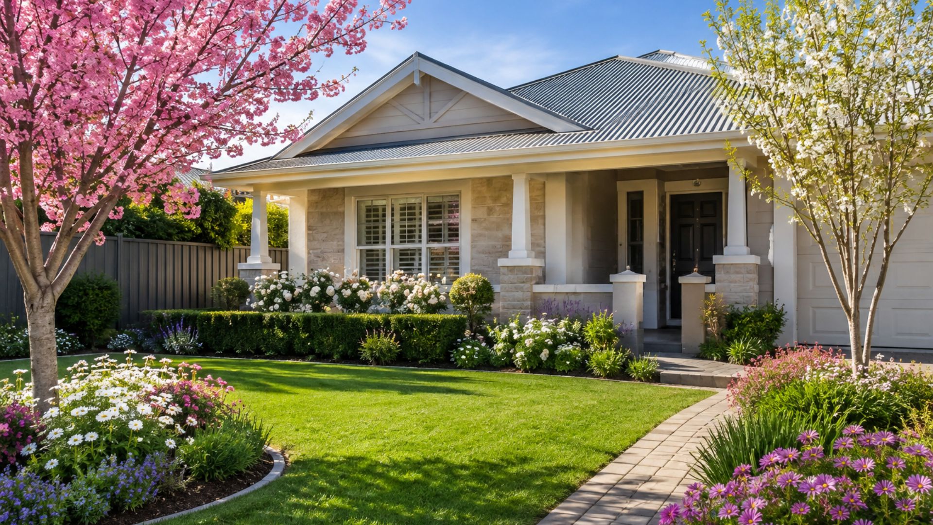 Well-maintained Adelaide rental home in spring with a freshly mown lawn, colourful flowers and established gardens showcasing rental garden maintenance.