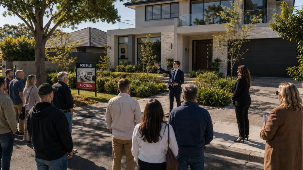Property investors buying at auction outside a luxury Adelaide home, with an auctioneer, prospective buyers and a for sale auction sign.