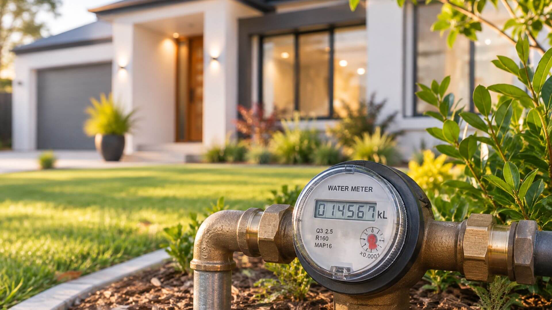 Residential water meter outside a modern South Australian rental property, illustrating how water charges and usage are calculated.