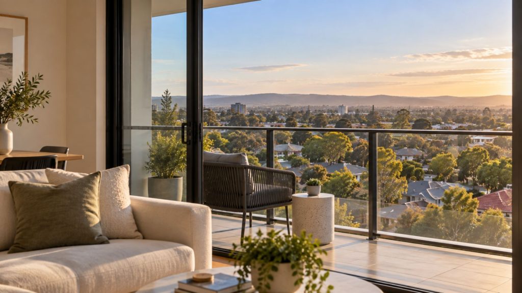 Modern apartment overlooking an Adelaide suburban area, representing South Australian property investment and the influence of tourism on local property markets.