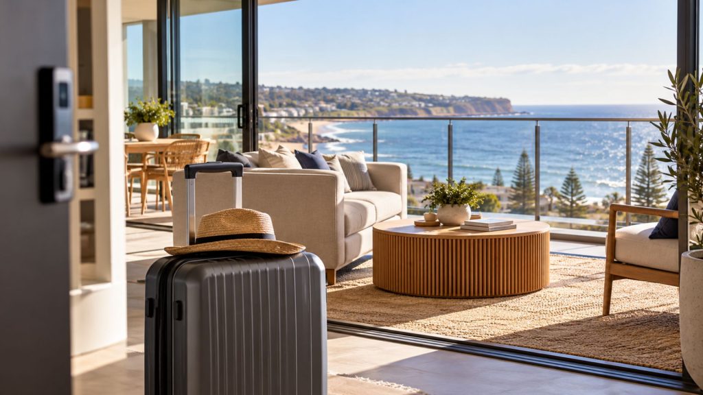 Coastal investment property set up for short term rentals, with a suitcase overlooking a South Australian beach.