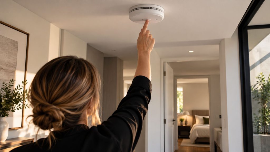 Smoke alarm compliance check in a modern Adelaide rental property, with a property manager testing a ceiling-mounted smoke alarm.