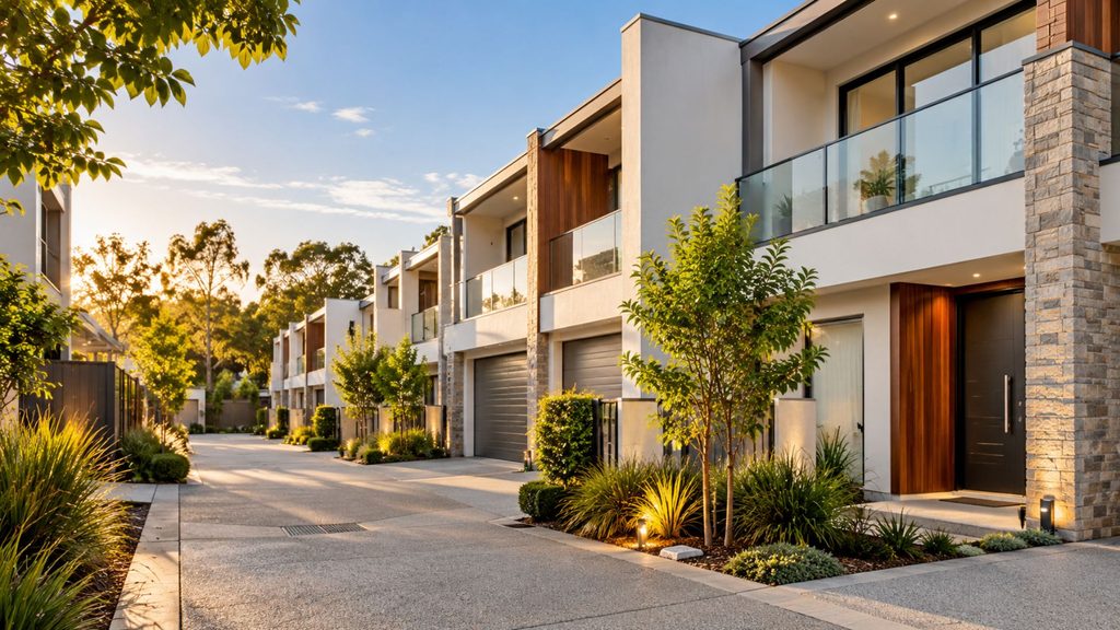 Modern Adelaide townhouses with landscaped gardens and a shared driveway, illustrating strata ownership and common property in a residential investment complex.